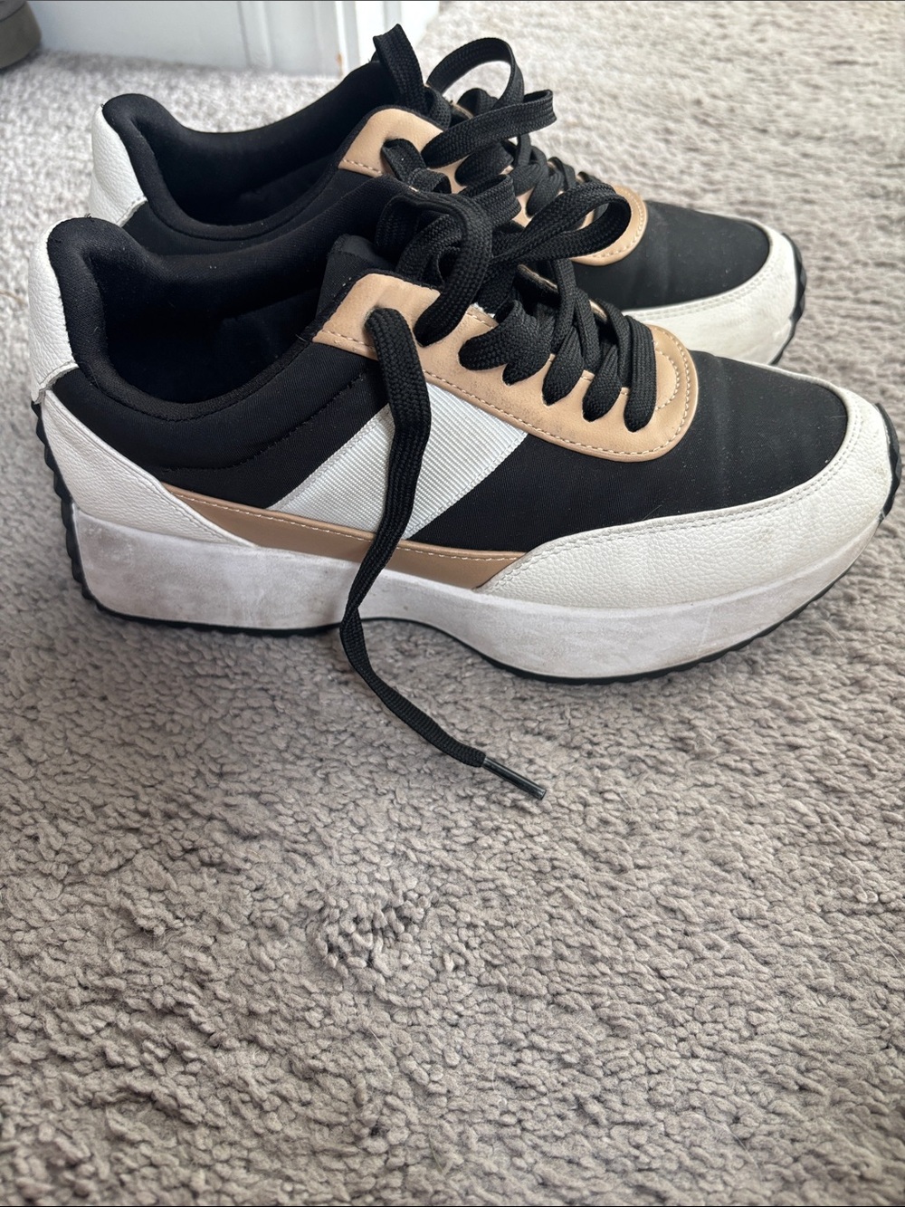 Platform Lace-Up Sneakers in Black, White & Tan
